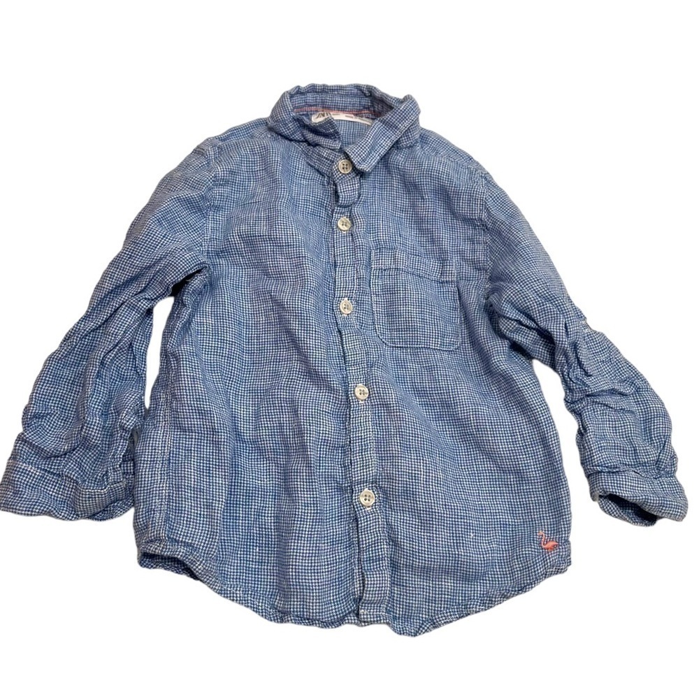 Zara Baby Boys Size 18-24 Months Button Down Shirt Blue White Gingham Roll Tab